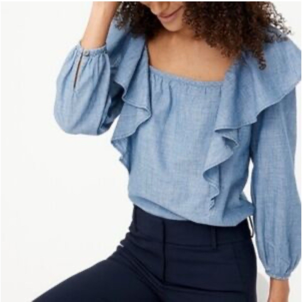 J Crew Chambray Ruffled Square Neck Blouse Blue Bell Sleeve Size Medium M